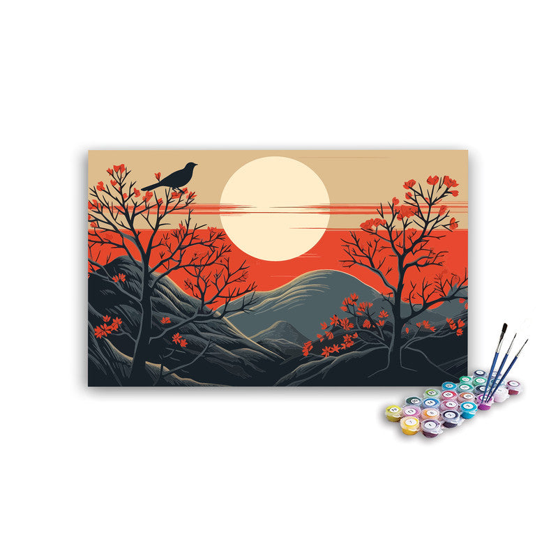 DIY Painting Kit -Japanese Bird on Blossom Branch Mountain Sunset Paint by Numbers Kit
