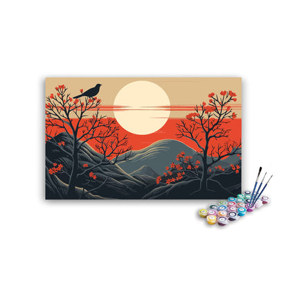 DIY Painting Kit -Japanese Bird on Blossom Branch Mountain Sunset Paint by Numbers Kit
