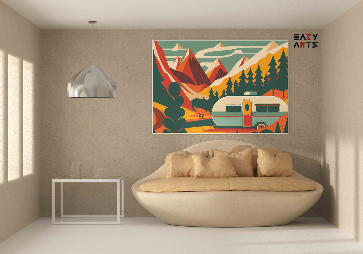 DIY Paint by numbers kit - Retro Camper Van in Colourful Mountain Valley Paint by Numbers Kit