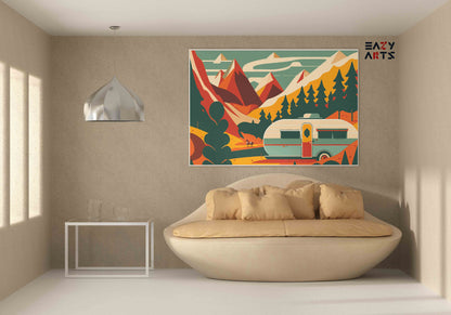 DIY Paint by numbers kit - Retro Camper Van in Colourful Mountain Valley Paint by Numbers Kit