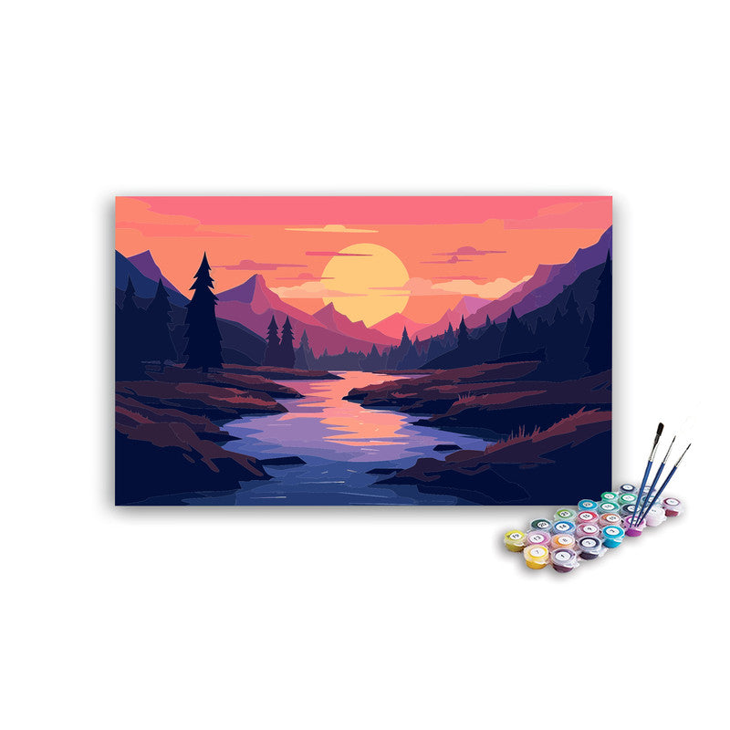DIY Painting Kit -Pine Forest River Sunset in Purple and Pink Paint by Numbers Kit