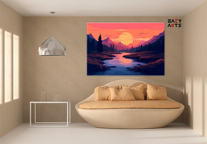 DIY Paint by numbers kit - Pine Forest River Sunset in Purple and Pink Paint by Numbers Kit