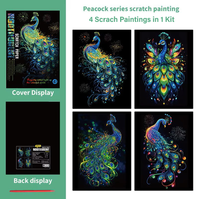 Glow in the Dark Peacock Scratch Painting Kit – Radiant Feathers & Festive Fireworks