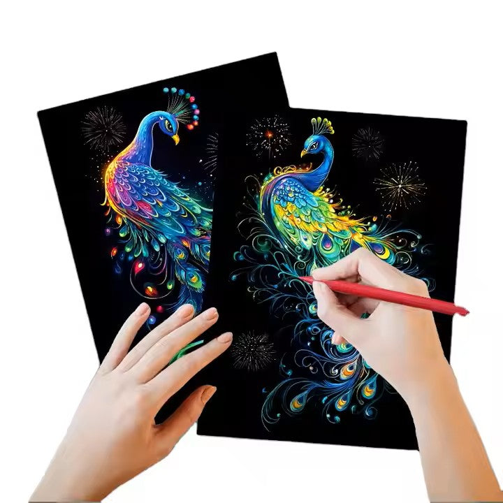 Glow in the Dark Peacock Scratch Painting Kit – Radiant Feathers & Festive Fireworks