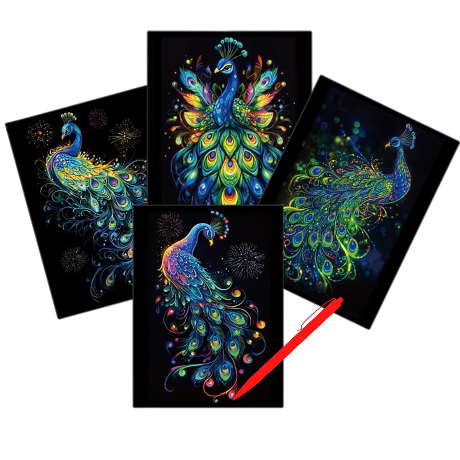 Glow in the Dark Peacock Scratch Painting Kit – Radiant Feathers & Festive Fireworks