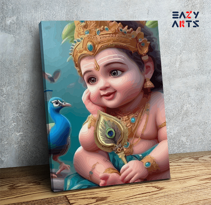 DIY Paint by numbers kit - Innocent Joy: Bal Krishna with Peacock Paint by Numbers Kit