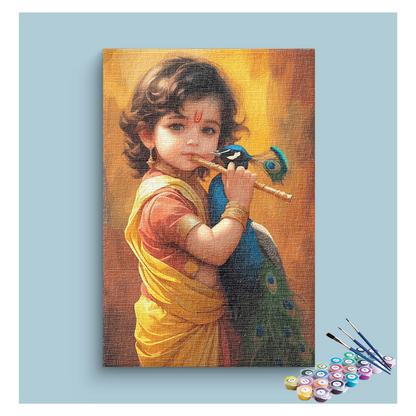 DIY Painting Kit - Child Krishna with Flute and Peacock Paint by Numbers Kit