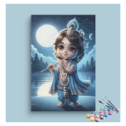 DIY Painting Kit - Moonlit Melody: Baby Krishna Playing Flute Paint by Numbers Kit