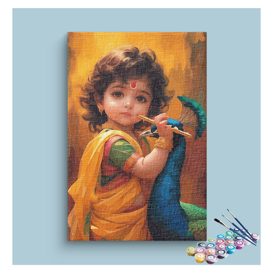 DIY Painting Kit - Divine Childhood: Little Krishna with Flute and Peacock Paint by Numbers Kit