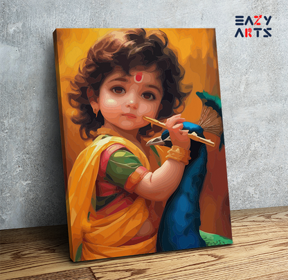 DIY Paint by numbers kit - Divine Childhood: Little Krishna with Flute and Peacock Paint by Numbers Kit