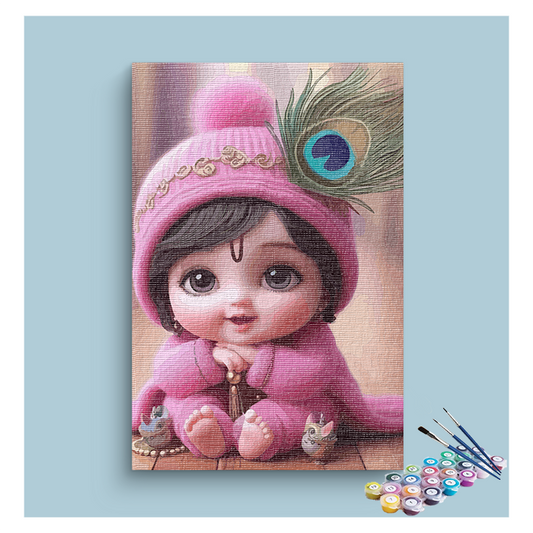 DIY Painting Kit - Adorable Krishna: Baby Krishna in Pink with Peacock Feather Paint by Numbers Kit