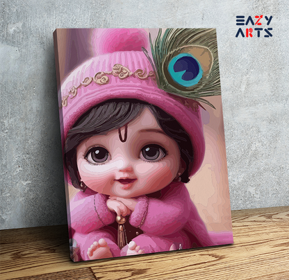 DIY Paint by numbers kit - Adorable Krishna: Baby Krishna in Pink with Peacock Feather Paint by Numbers Kit