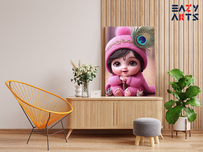 DIY PBN Kit - Adorable Krishna: Baby Krishna in Pink with Peacock Feather Paint by Numbers Kit