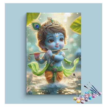 DIY Painting Kit - Joyful Melody: Baby Krishna Playing Flute Paint by Numbers Kit
