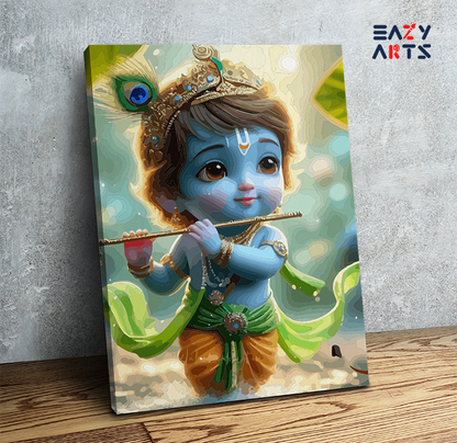 DIY Paint by numbers kit - Joyful Melody: Baby Krishna Playing Flute Paint by Numbers Kit