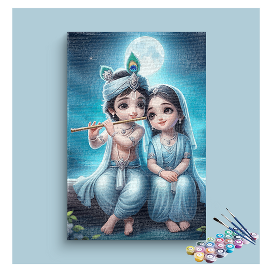 DIY Painting Kit - Heavenly Harmony: Baby Krishna and Radha Under the Moon Paint by Numbers Kit