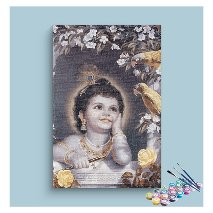 DIY Painting Kit - Innocent Wonder: Baby Krishna with Parrots Paint by Numbers Kit