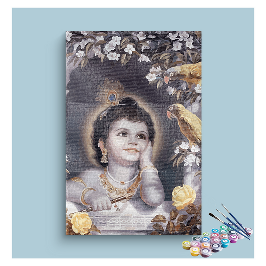 DIY Painting Kit - Innocent Wonder: Baby Krishna with Parrots Paint by Numbers Kit