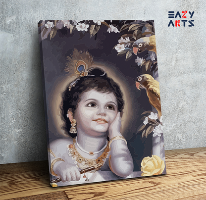 DIY Paint by numbers kit - Innocent Wonder: Baby Krishna with Parrots Paint by Numbers Kit