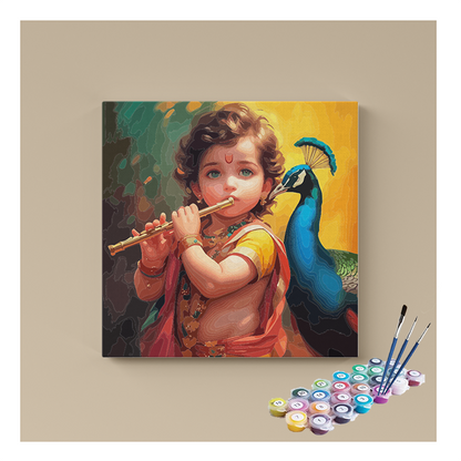 DIY Painting Kit - Little Krishna with Flute and Peacock Paint by Numbers Kit