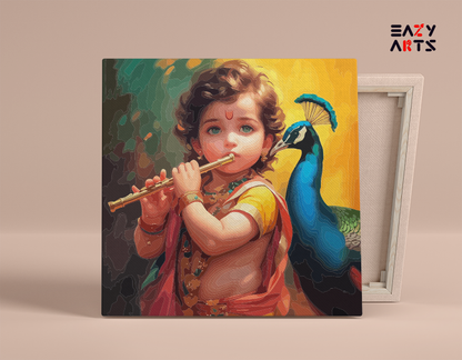 DIY Paint by numbers kit - Little Krishna with Flute and Peacock Paint by Numbers Kit