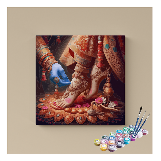 DIY Painting Kit - Divine Adoration: Krishna Adorning Radha's Feet Paint by Numbers Kit