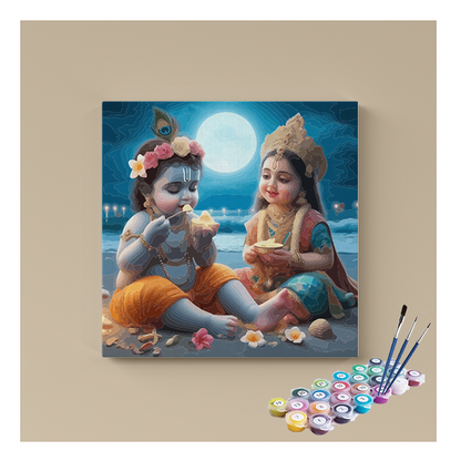 DIY Painting Kit - Moonlit Feast: Krishna and Radha's Sweet Delight - Paint by Numbers Kit