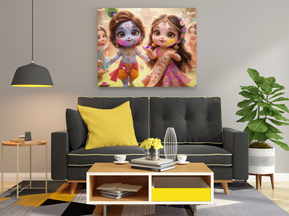 DIY PBN Kit - Playful Holi Celebration: Krishna and Radha in Their Childhood - Paint by Numbers Kit