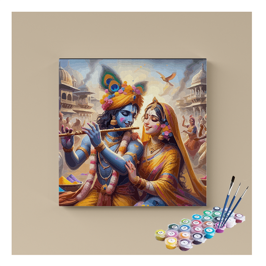 DIY Painting Kit - Divine Holi Harmony: Krishna and Radha in Vrindavan - Paint by Numbers Kit