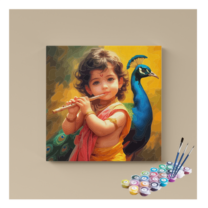 DIY Painting Kit - Divine Melody: Little Krishna with Peacock - Paint by Numbers Kit