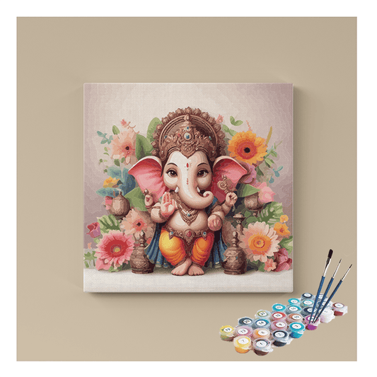 DIY Painting Kit - Divine Beginnings: Lord Ganesha with Floral Garland - Paint by Numbers Kit