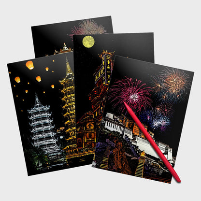 Tibetan Architecture Scratch Painting Kit – Potala Palace, Pagodas & Lantern Festival – Scratch