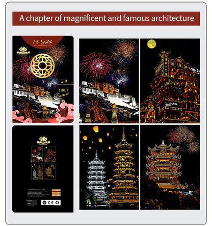 Tibetan Architecture Scratch Painting Kit – Potala Palace, Pagodas & Lantern Festival – Image