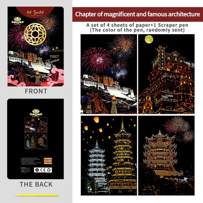 Tibetan Architecture Scratch Painting Kit – Potala Palace, Pagodas & Lantern Festival – Image
