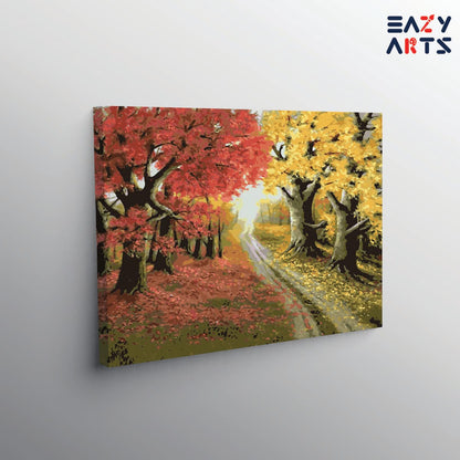 Road Covered in Yellow and Red Trees paint by numbers