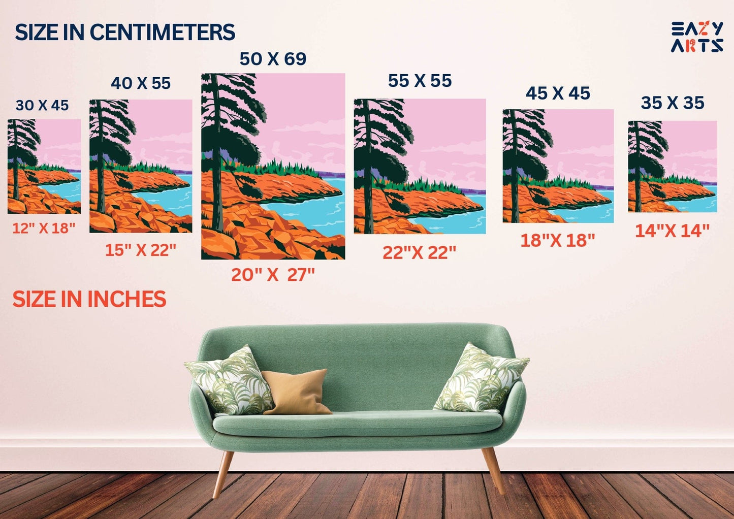 Eazy arts size chart for paint by numbers kit for adults