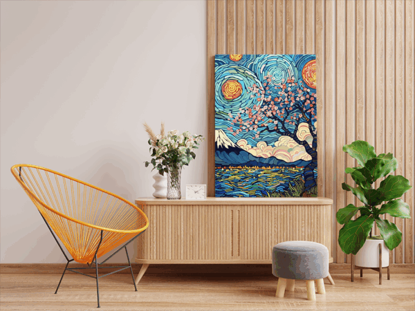 Starry Sakura: Van Gogh-Inspired Cherry Blossom Paint by Numbers Kit - Image 2