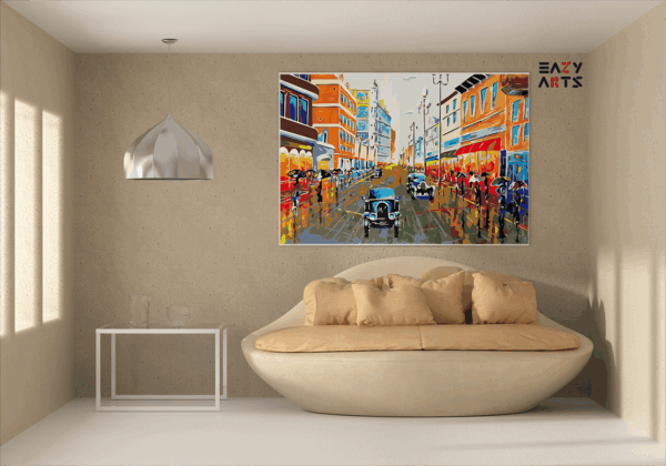 Rainy Cityscape with Vintage Cars Paint by Numbers Kit - Image 2