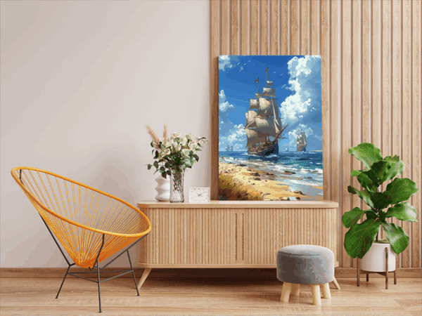 Coastal Voyage: Tall Ships on the Horizon Paint by Numbers Kit - Image 2