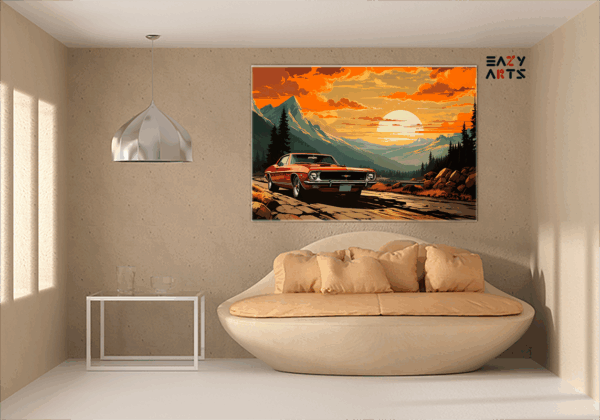 Vintage Muscle Car in Sunset Valley Paint by Numbers Kit - Image 2