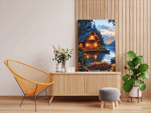 Cozy Cabin by the Lake at Dusk Paint by Numbers Kit - Image 2