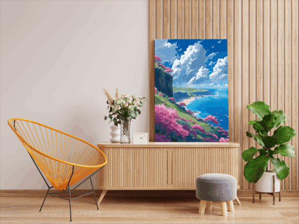 Pink Blossom Cliffs by the Sea Paint by Numbers Kit - Image 2