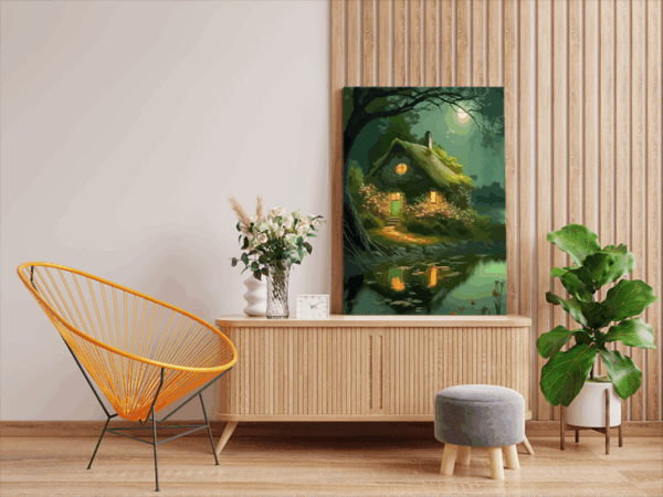 Moonlit Cottage by the Lake Paint by Numbers Kit - Image 2