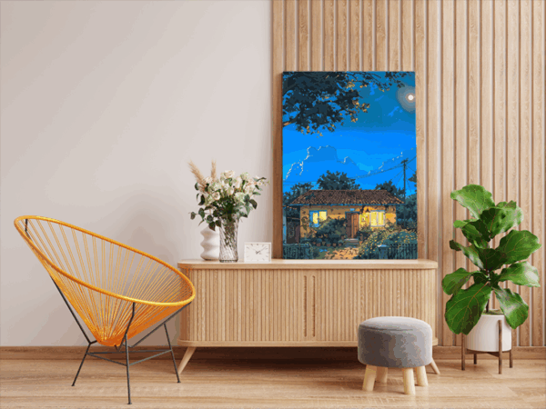 Moonlit Cottage Night Landscape Paint by Numbers Kit - Image 2