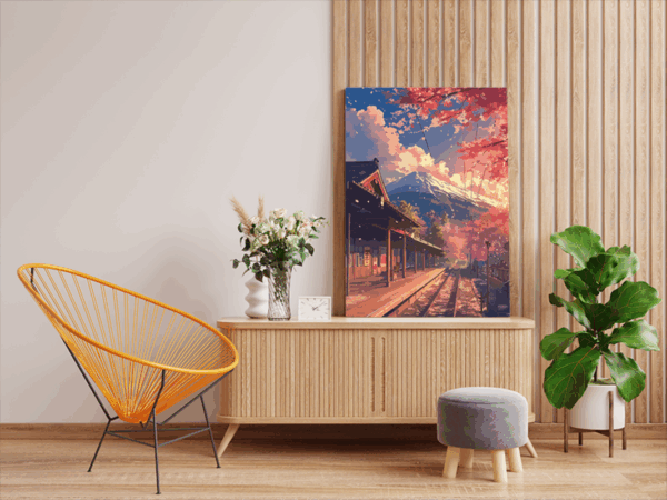 Autumn Train Station with Mountain View Paint by Numbers Kit - Image 2