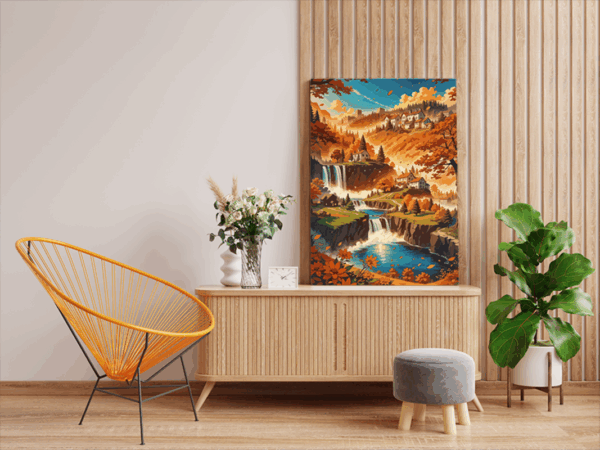 Autumn Waterfall Village Paint by Numbers Kit - Image 2