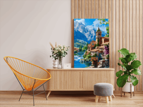 Charming Village by the Mountains Paint by Numbers Kit - Image 2