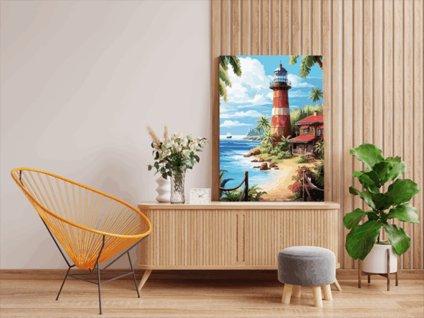Tropical Lighthouse by the Sea Paint by Numbers Kit - Image 2