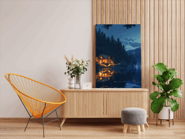 Starry Night Cabin Reflection Paint by Numbers Kit - Image 2