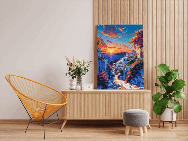 Sunset in Mediterranean Village Landscape Paint by Numbers Kit - Image 2
